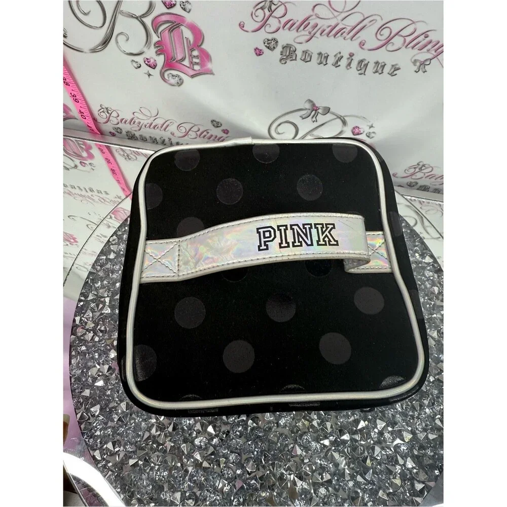 PINK Victoria's Secret makeup bag Black and Silver Polka Dot Cosmetic Pouch